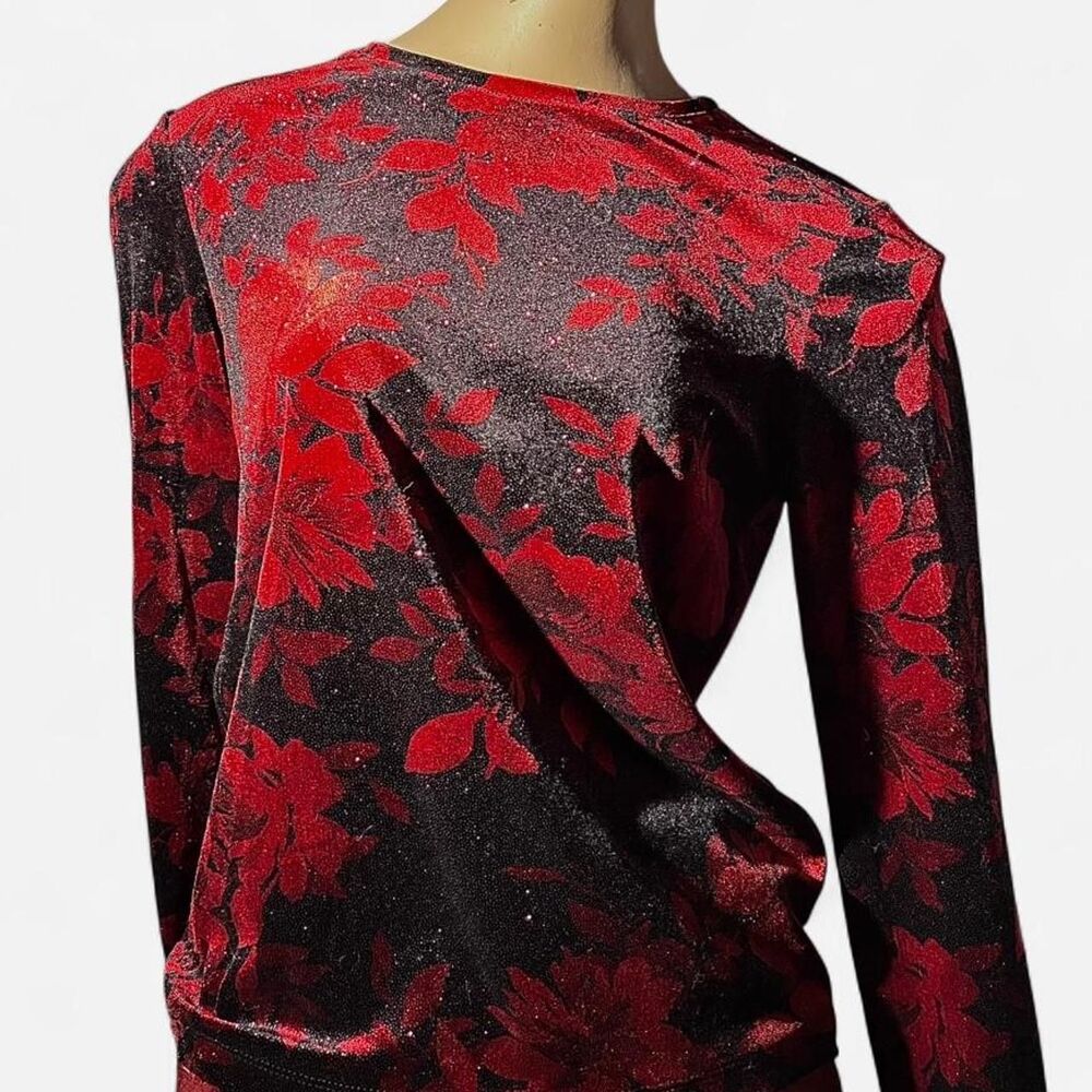 Red and black floral long sleeve top sparkly size s - Picture 2 of 6